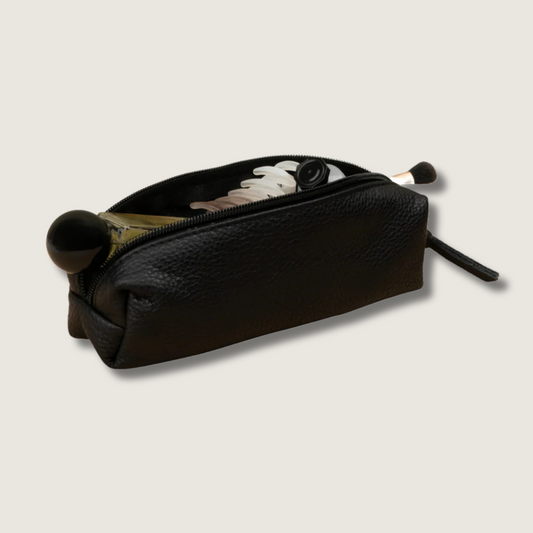 Elegant Leather Makeup Bag - Black - Aurora