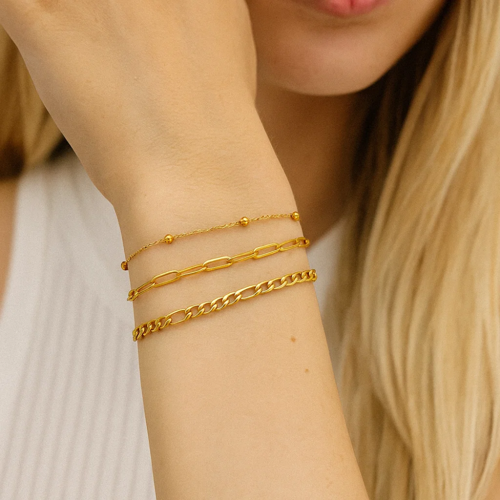 Adriana 3-Piece Stackable Bracelet Trio Set, Beaded, Figaro, Paperclip Link