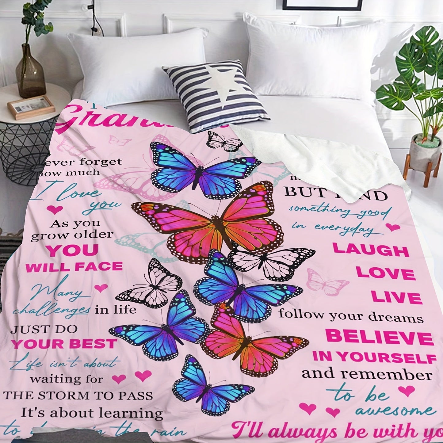 1pc Soft Flannel Butterfly Print Blanket, Warm Cozy Throw for Couch Bed Sofa, To My Granddaughter