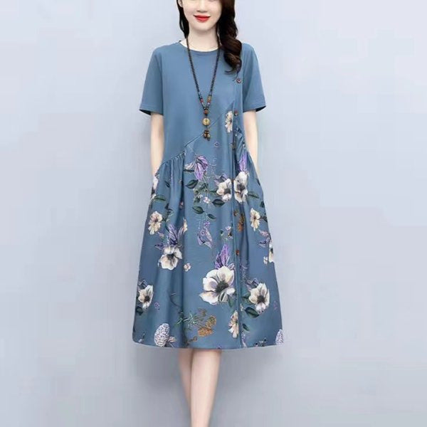 Retro Printed Fat Slim Fit Slimming Loose Casual Patchwork Dress