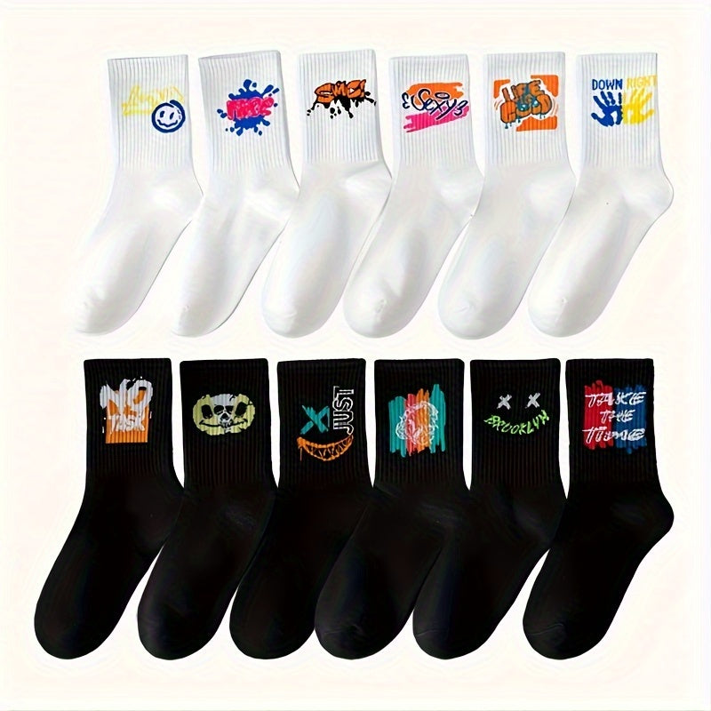 3/6/8/10/12 Pairs Of Medium Length Socks With Graffiti And Spray Painting For Personalized Fashion, Comfort, And Durability