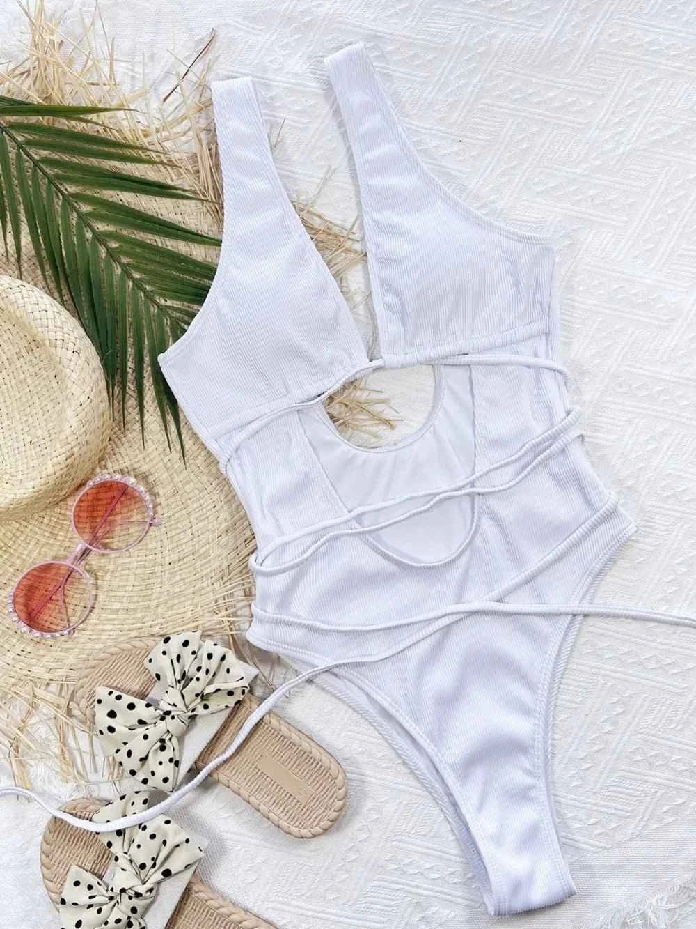 Ribbed Lace Up : One-Piece Swimsuit