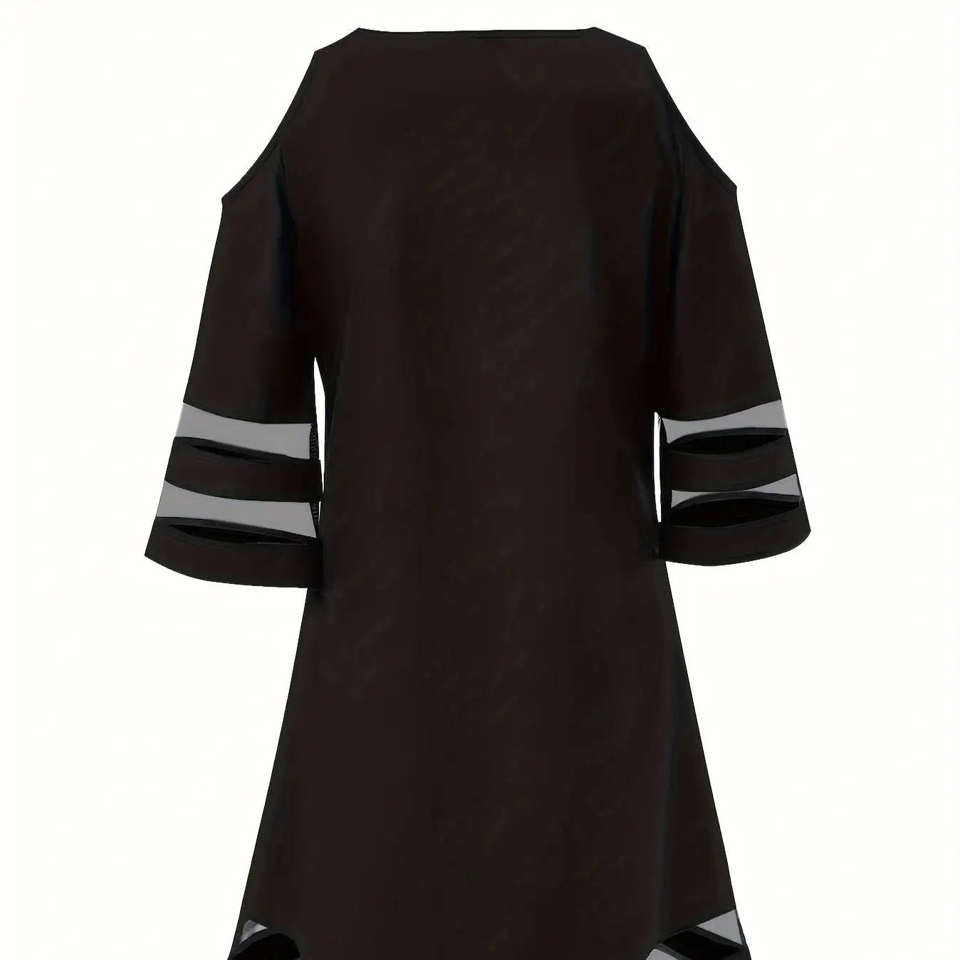 Ladies' Abstract Printed Color Blocked Off Shoulder Contrasting Mesh Casual Dress