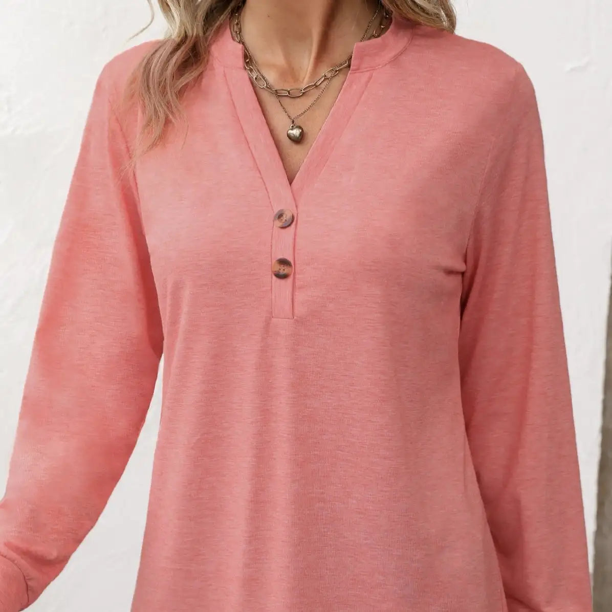 Ladies' Fashion New Button Peach Red Open Neck T-shirt Casual Top