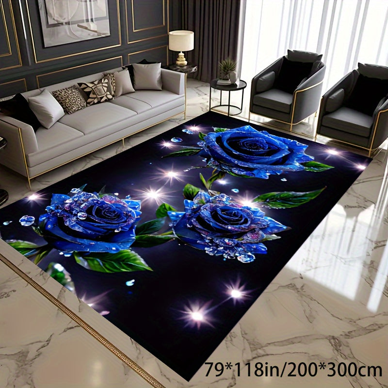 Crystal Velvet Romantic Valentine's Day Blue Fairy Rose Earth Blanket Area Rug Hotel Living Room Bedroom Soft Carpet Machine Washable Non-slip Backing Office Entryway Indoor Decorative Carpet Floor Mat For Hotel/Restaurant/Of