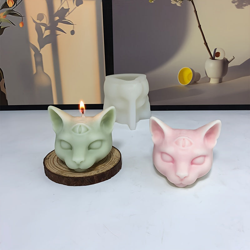 1pc 3D Three Eyed Cat Resin Scented Candle Wax Silicone Mold, DIY Evil Cat Head Silicone Molds For Candle Chocolate Making Epoxy Soap Casting, Animal Shape Molds For Halloween Gifts Home Decor