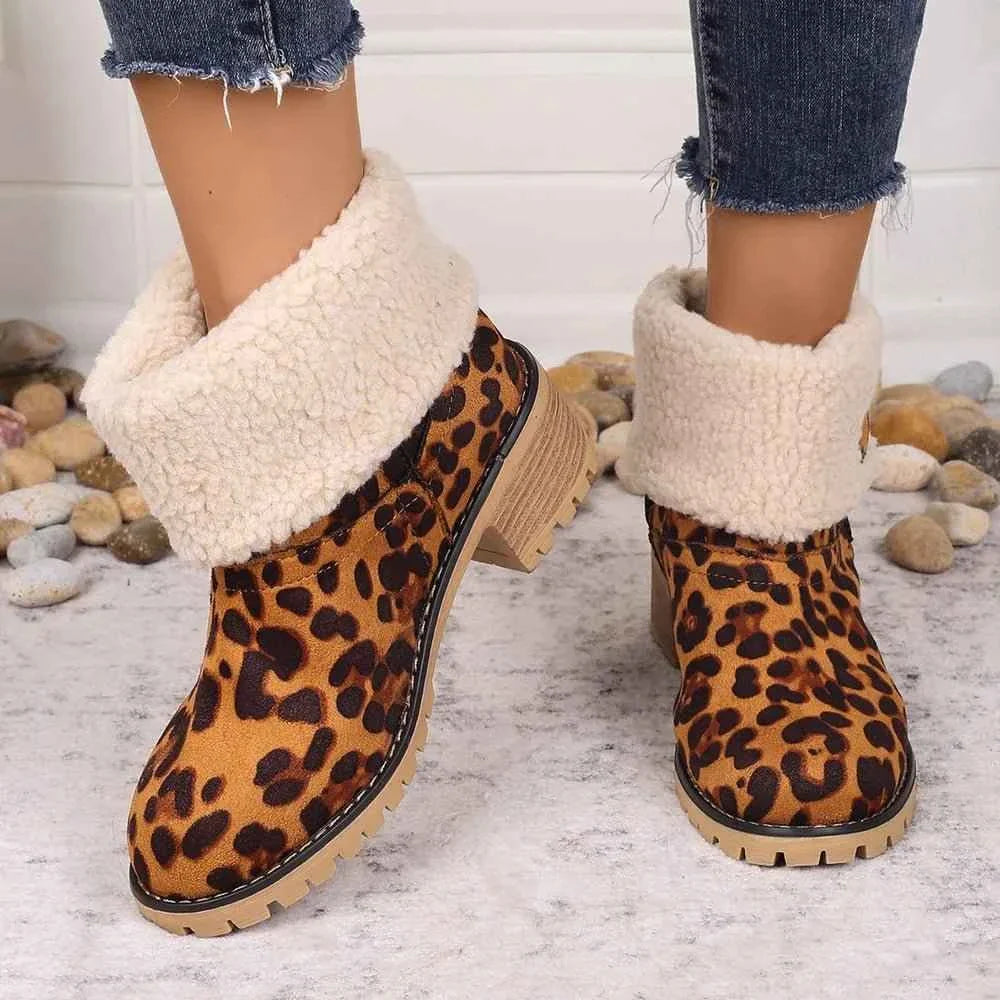 Leopard Block Heel : Fuzzy Boots