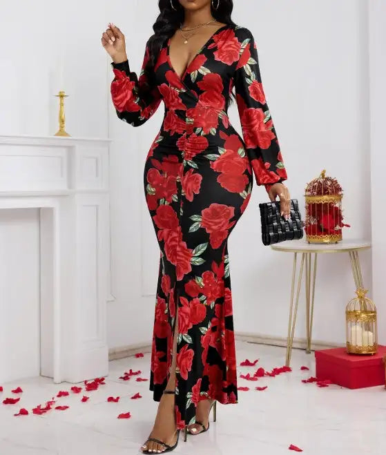 Ladies' V-neck Floral Print Fashionable Hip Hugging Dress