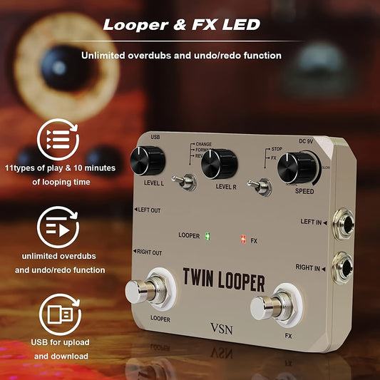 10-Minute Twin Looper Electric Guitar Effect Pedal - Delay & Reverb Loop Station with 11 Play Types and Recording Capability - Premium electric guitar pedal from Lizard Vigilante - Just $69.99! Shop now at Lizard Vigilante