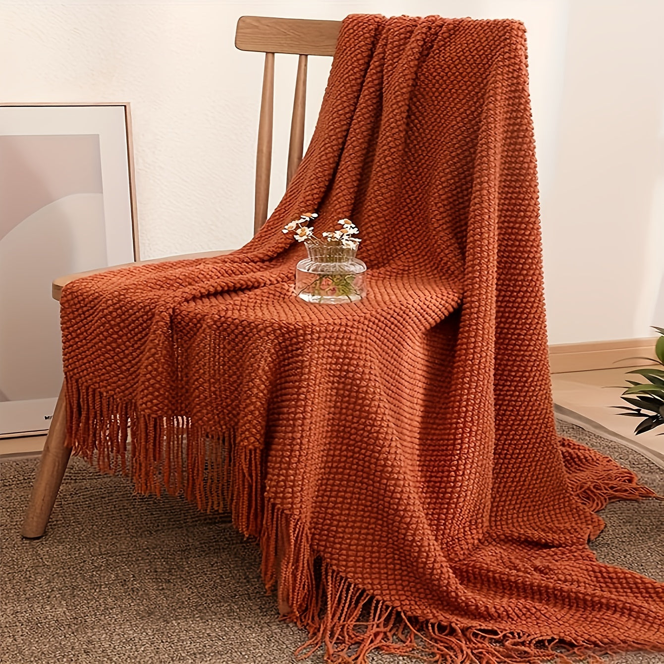 1pc Knit Throw Blanket Long Tassel Lightweight Blanket Bubble Textured Soft Blanket For Bed Couch Sofa Chair Outdoor Picnic All Season Use Orange