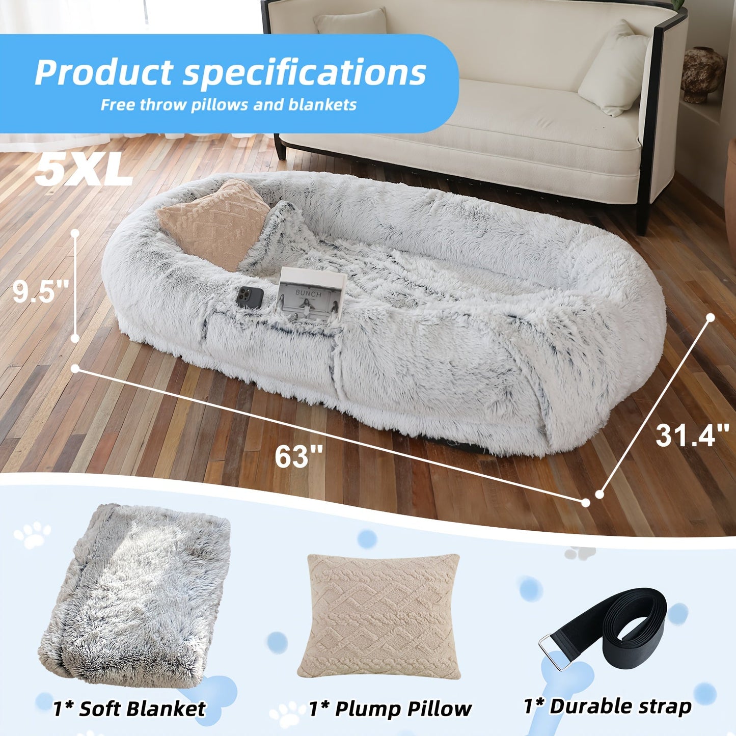 Orthopedic Human Dog Bed 71"x45"x12" Oval Washable Faux Fur Pet Bed with Plump Pillow, Blanket & Strap - Non-Slip Spa Design for All Dog Sizes, Grey, Cozy Nap Spot, Cozy Aesthetic, Durable Polyester, Home Lounging