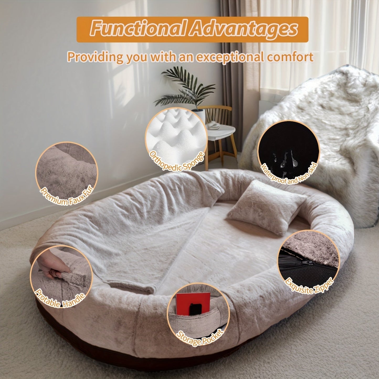 [Cozy Dog Bed] Orthopedic Faux Fur Dog Bed | Cozy Human-Sized Dog Bed For All Breeds - 71"x45"x14" With Blanket And Pillow, Washable, Includes Plush Pillow & Blanket