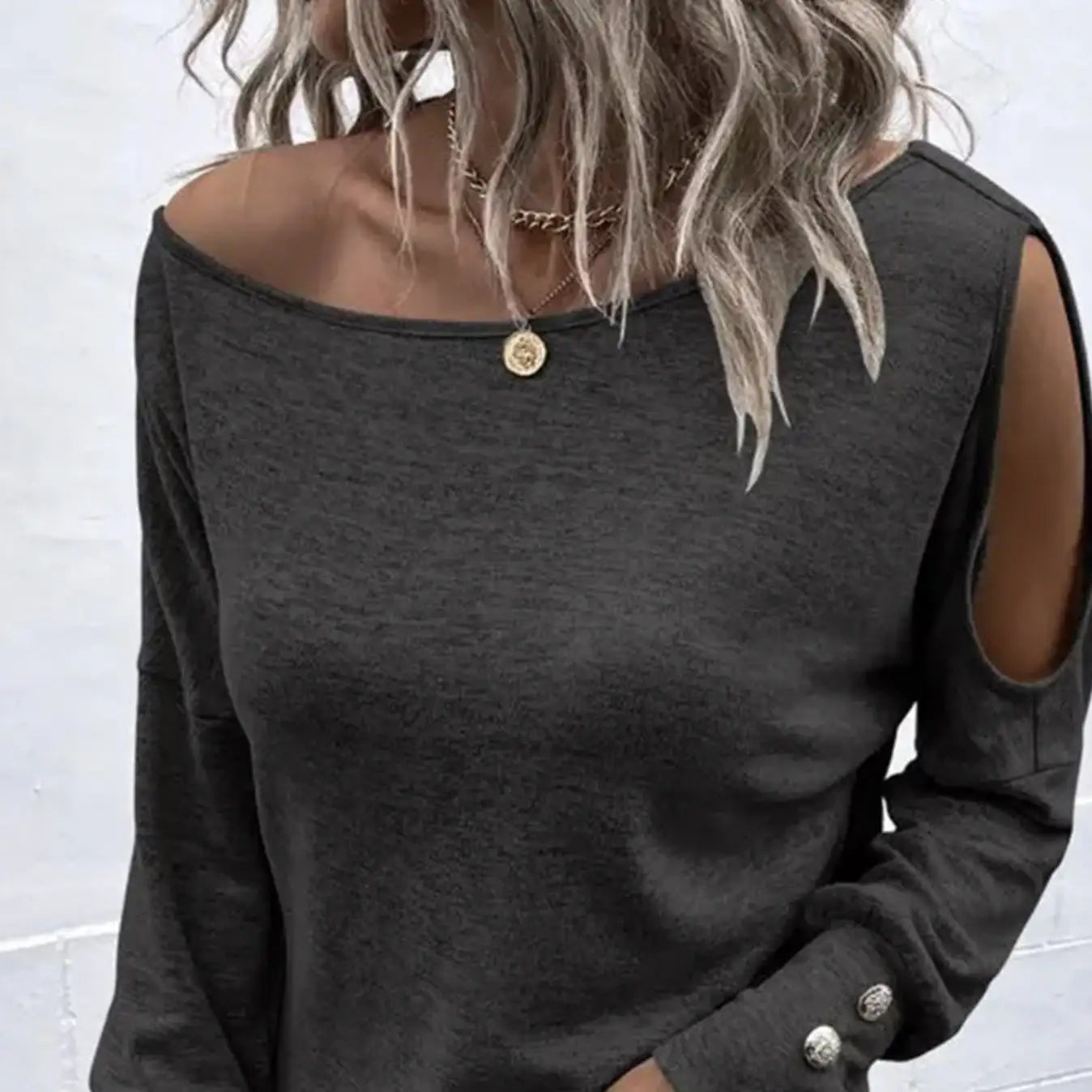 Women's Fashion New Off Shoulder Button Long Sleeved Casual Top T-shirt