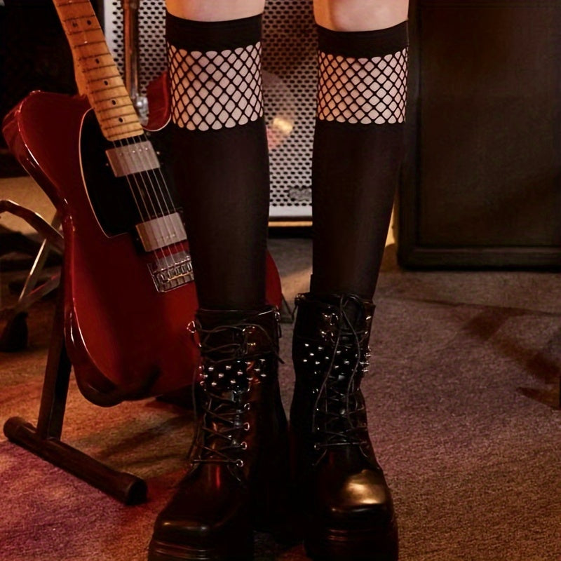 Fishnet Patchwork Calf Socks, JK College Style Knee High Socks, Women's Stockings & Hosiery