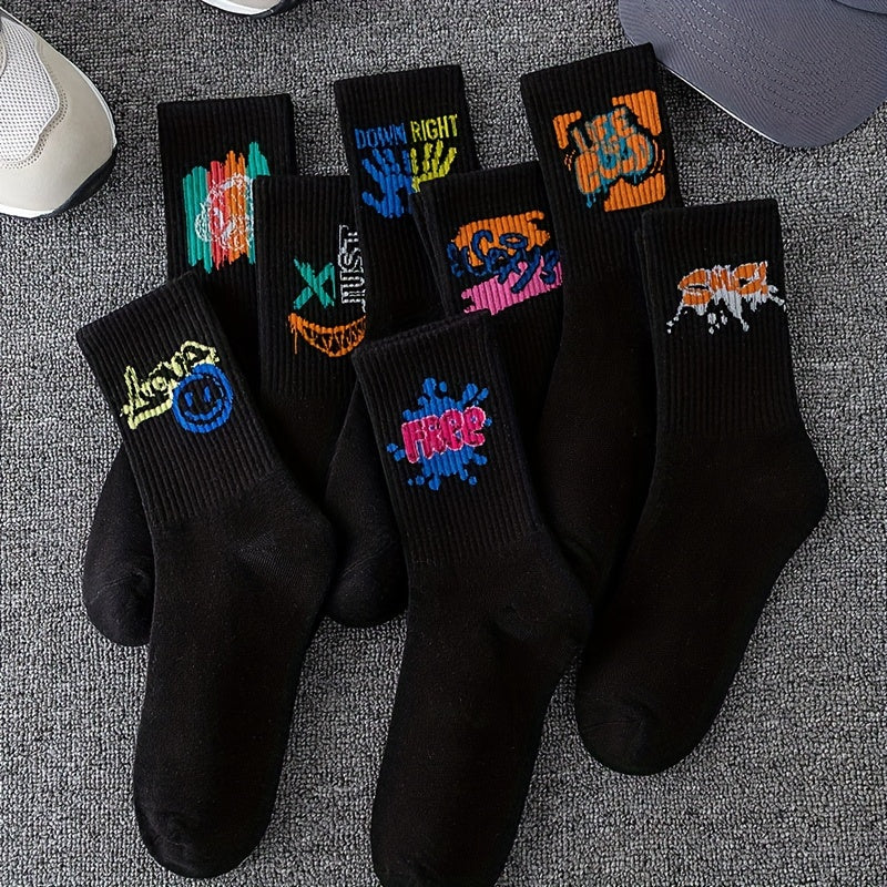 3/6/8/10/12 Pairs Of Medium Length Socks With Graffiti And Spray Painting For Personalized Fashion, Comfort, And Durability