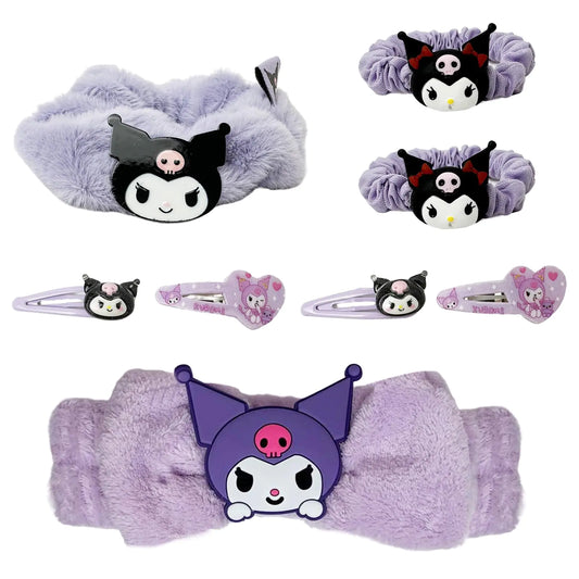 Rondlaho Kawaii Kumi Hair Accessory Set for Women Girls Includes A Purple Headband A Plush Rubber Hair Tie 2 Pcs Elastic Fabric Hair Tie and 2 Pairs Hair Clips Hair Tools Gift For All Hair Types