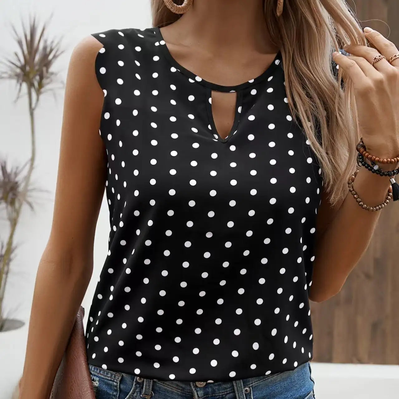 Ladies' Round Neck Wavy Sleeves Detail Off Shoulder Polka Dot Shirt