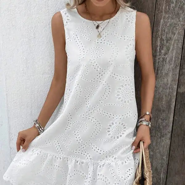 Ladies' Solid Color Vacation Style Hollow Flower Pattern Details Round Neck Off Shoulder Wide Shoulder Strap Mushroom Edge Hanging Pleat Elegant Style Dress