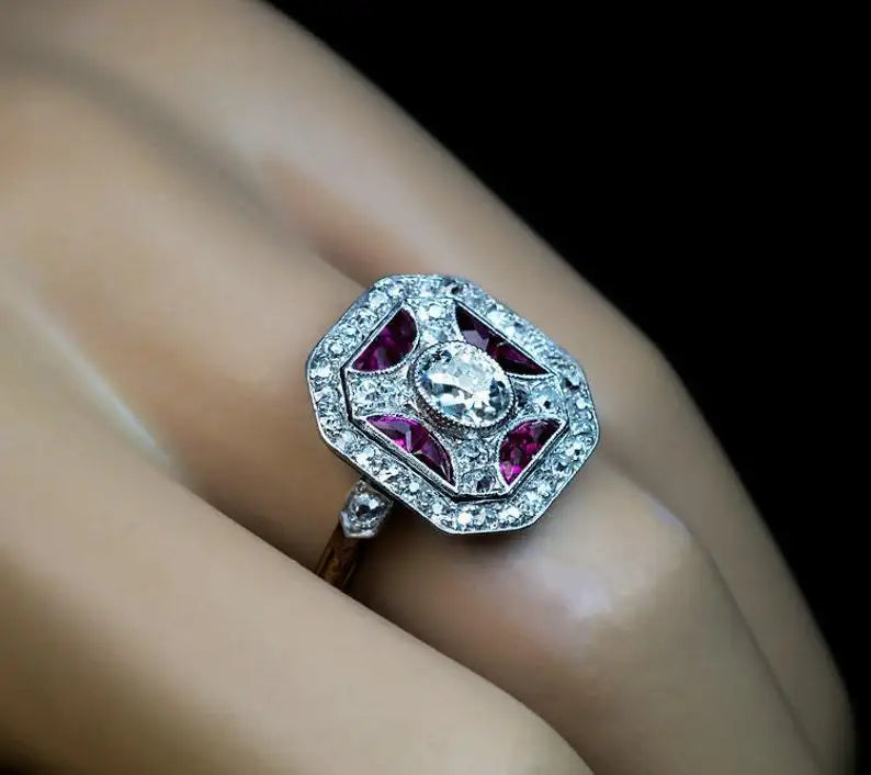 New Copper Inlaid Zircon Rose Red Rose Gold Two-tone Women's Ring