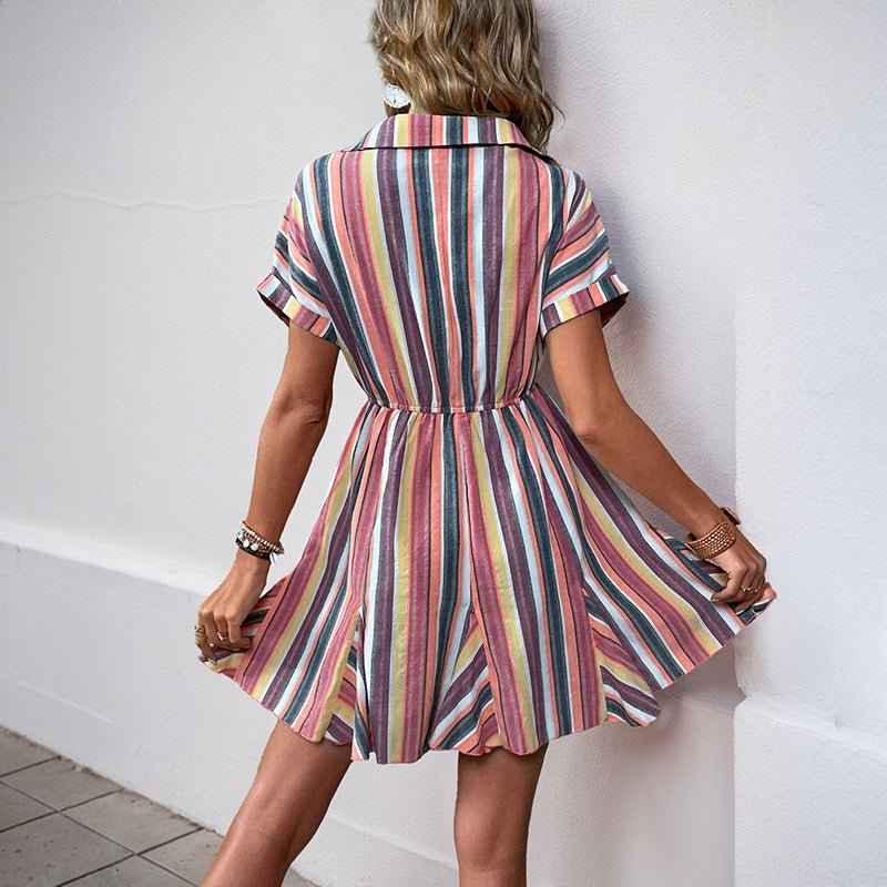 European Ruffle Striped Dress