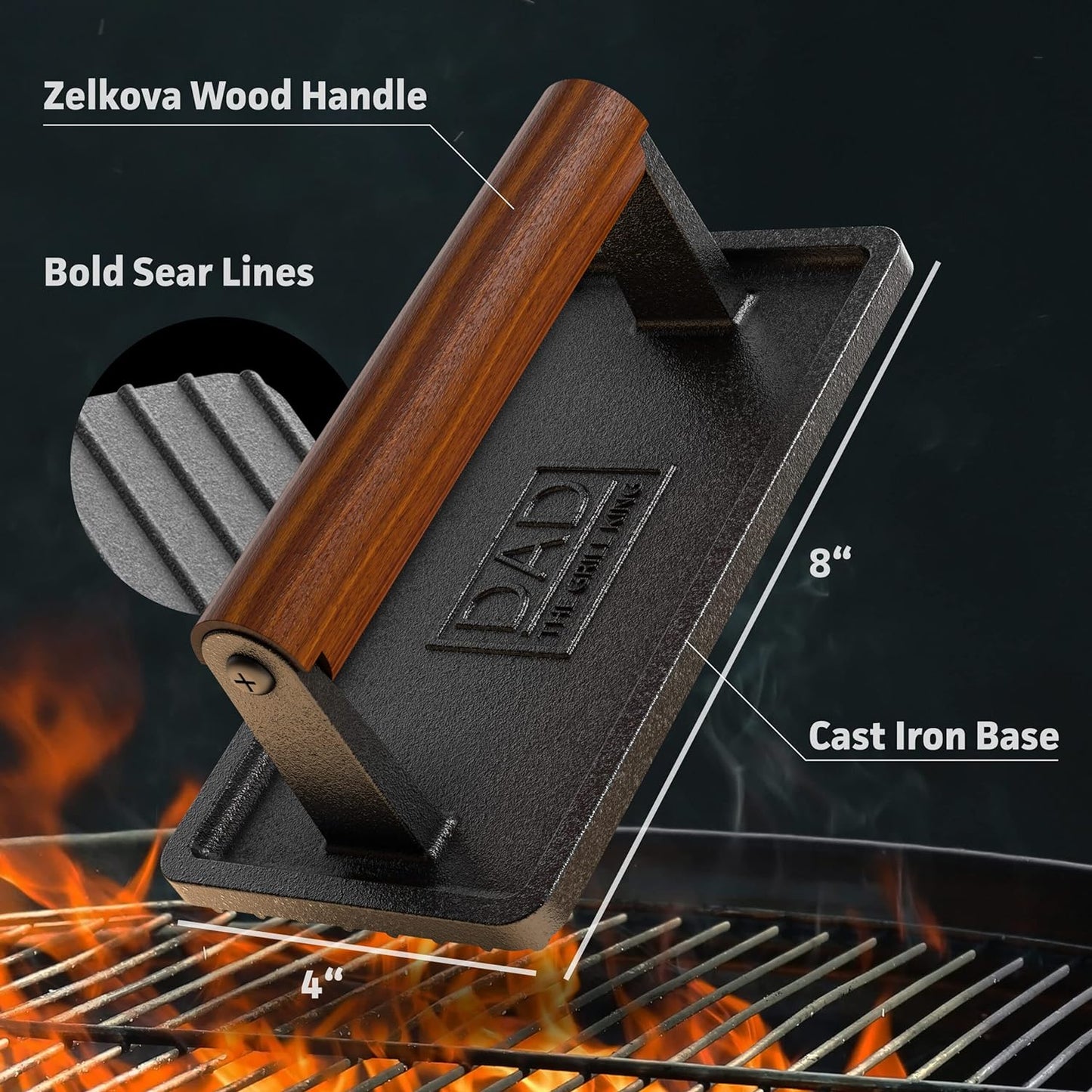 Soho Grilling Gift for Dad, BBQ Cast Iron Grill Press for Smash Burger, Hamburger, Meat, Bacon (2.6 lbs) Cooking Weight for Fathers Day/Christmas/Birthday “Dad The Grill King” (Gift Boxed)