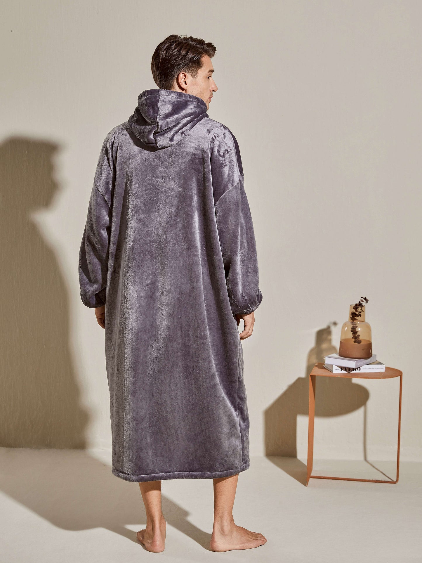 Men's Oversized Warm And Comfortable Flannel Blanket Robe, Long Sleeve Zipper Hoodie Sweatshirt Hooded Sleep Robe With Deep Pocket Pajamas Loungewear Robe For Autumn Winter