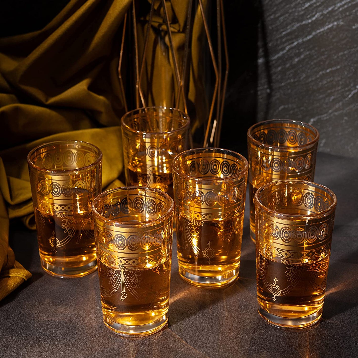 Gold Moroccan Glasses Artisan Hand-Made Multipurpose 220 ml 7.5 oz Tea and Wine Morrocan Tumbler Marrakech & Casablanca Tea Cups Set of 6, by The Wine Savant