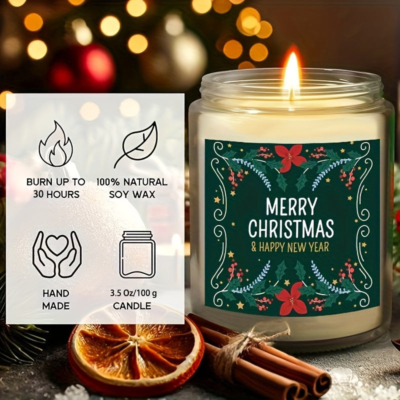 Christmas Themed Scented Candle in Glass Jar, Lavender Soy-Beeswax Blend, 3.5 oz, Hand-Poured with Single Wick, Ideal for Holiday Decor, Christmas Gifting, Festive Ambience & Home Aromatherapy - Comes with Bow Embellishment