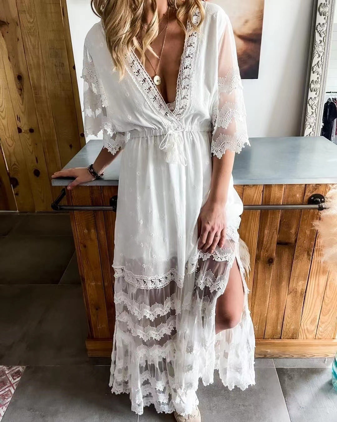 V-neck Lace Stitching Bohemian Style Dress