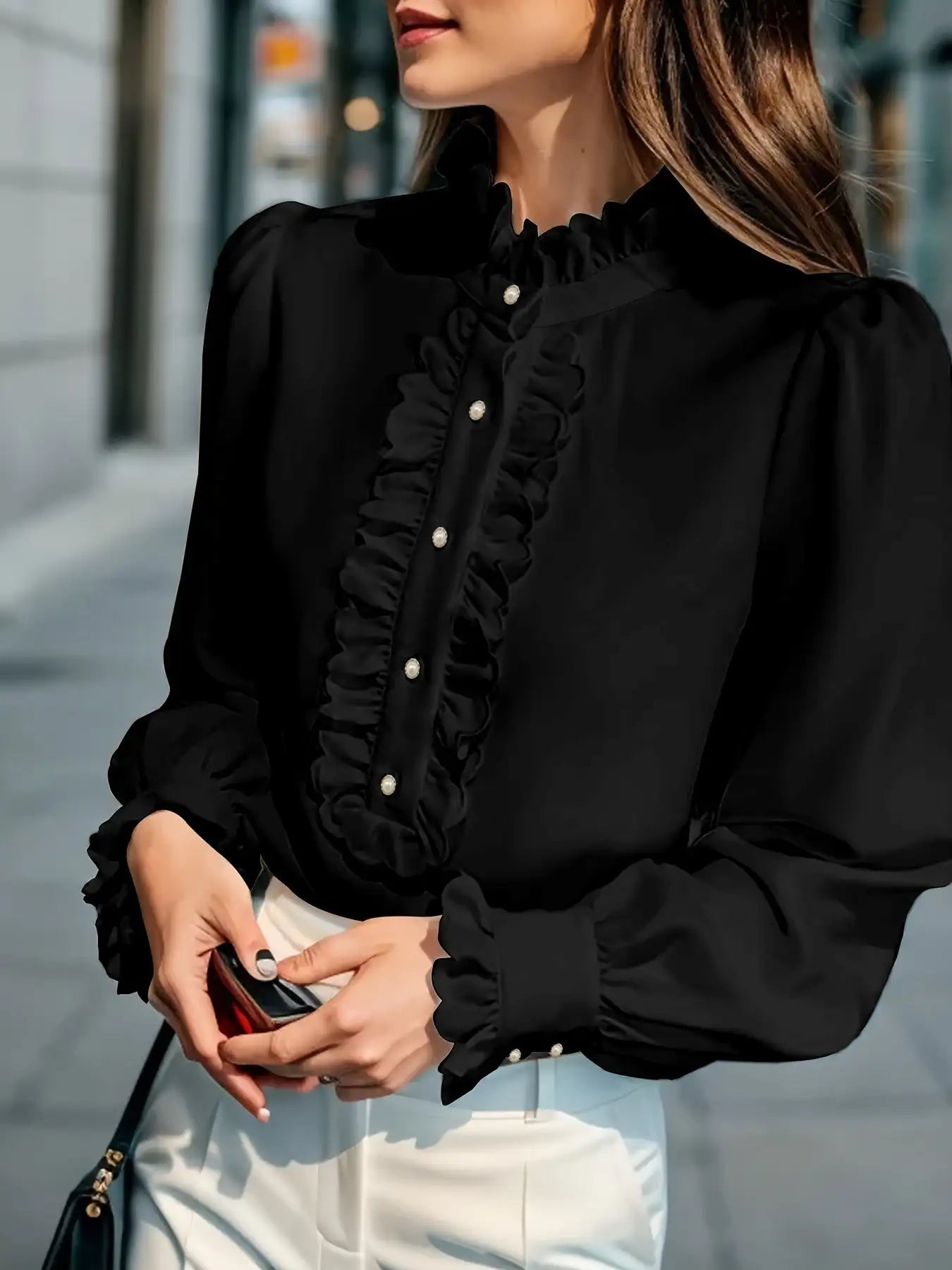 Fashionable Stand-up Collar Long-sleeved Shirt With Lotus Leaf Hem