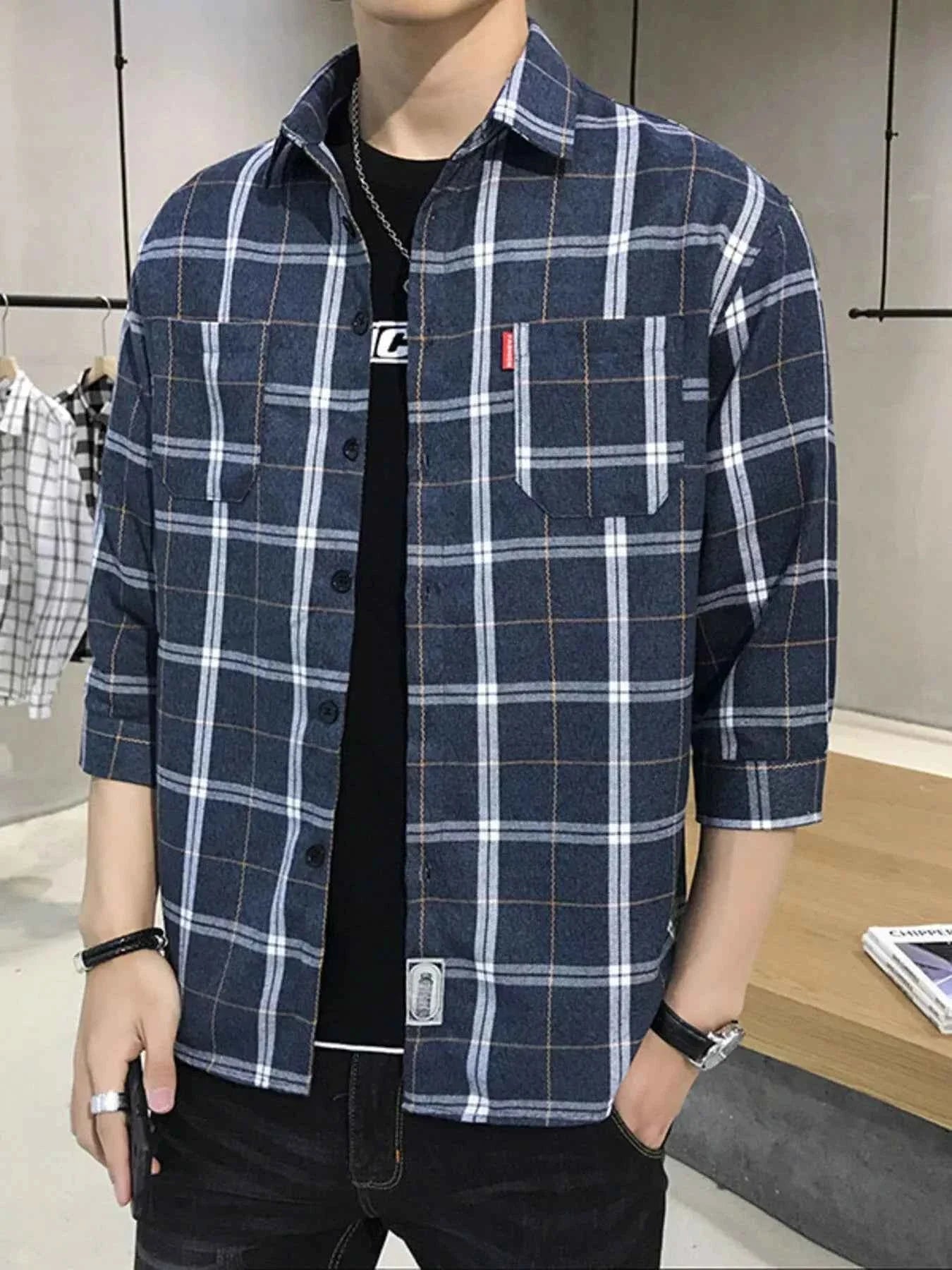 Men's Plus Size Casual Plaid 3/4 Sleeve Shirt