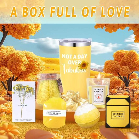 8pcs "Not A Day Over Fabulous" Yellow Spa & Bath Gift Set - Includes Insulated Travel Mug with Lid, Scented Candle, Bath Bomb, Diamond Soap, Love Note Card & Elegant Gift Box - Ideal for Women, Men, Friends on Christmas, Than