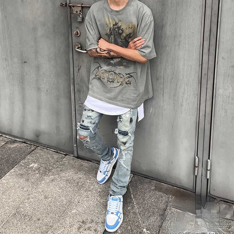 Handmade Splash-ink Blue Diamond Ripped Jeans