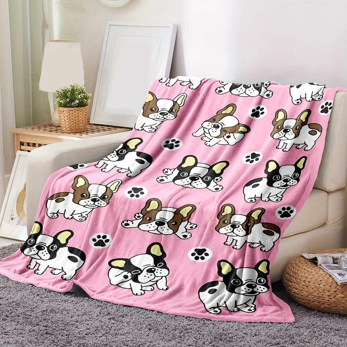 1pc Cute French Bulldog Pattern Flannel Throw Blanket, Modern Polyester Rectangular Blanket For Multiple Use, Traditional Style, Soft & Cozy For Home Decor