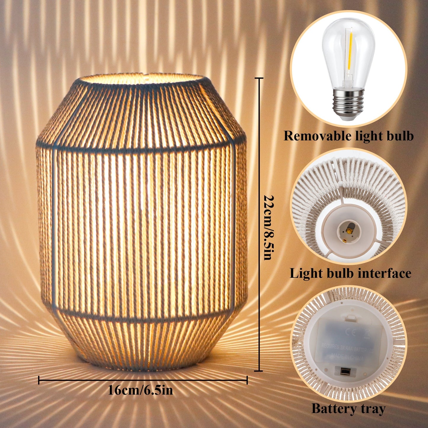JHY DESIGN 2-Pack 8.5"H Woven Cotton Rope Table Lamps: Cordless, Battery-Powered, 6-Hr Timer
