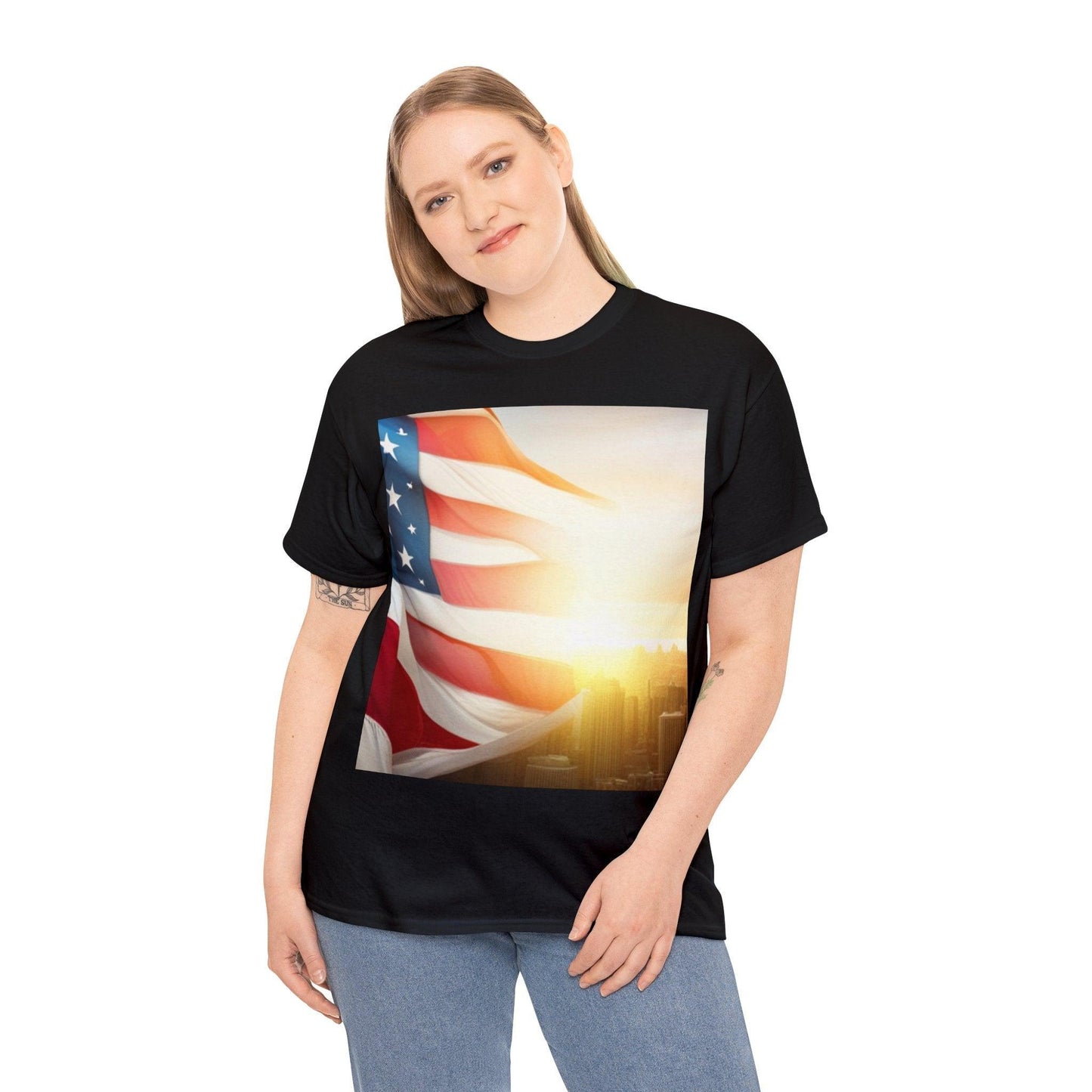 Patriot American Flag Over Gotham Unisex Heavy Cotton Tee / Red, White, and Blue Old Glory Sun T-Shirt - Lizard Vigilante