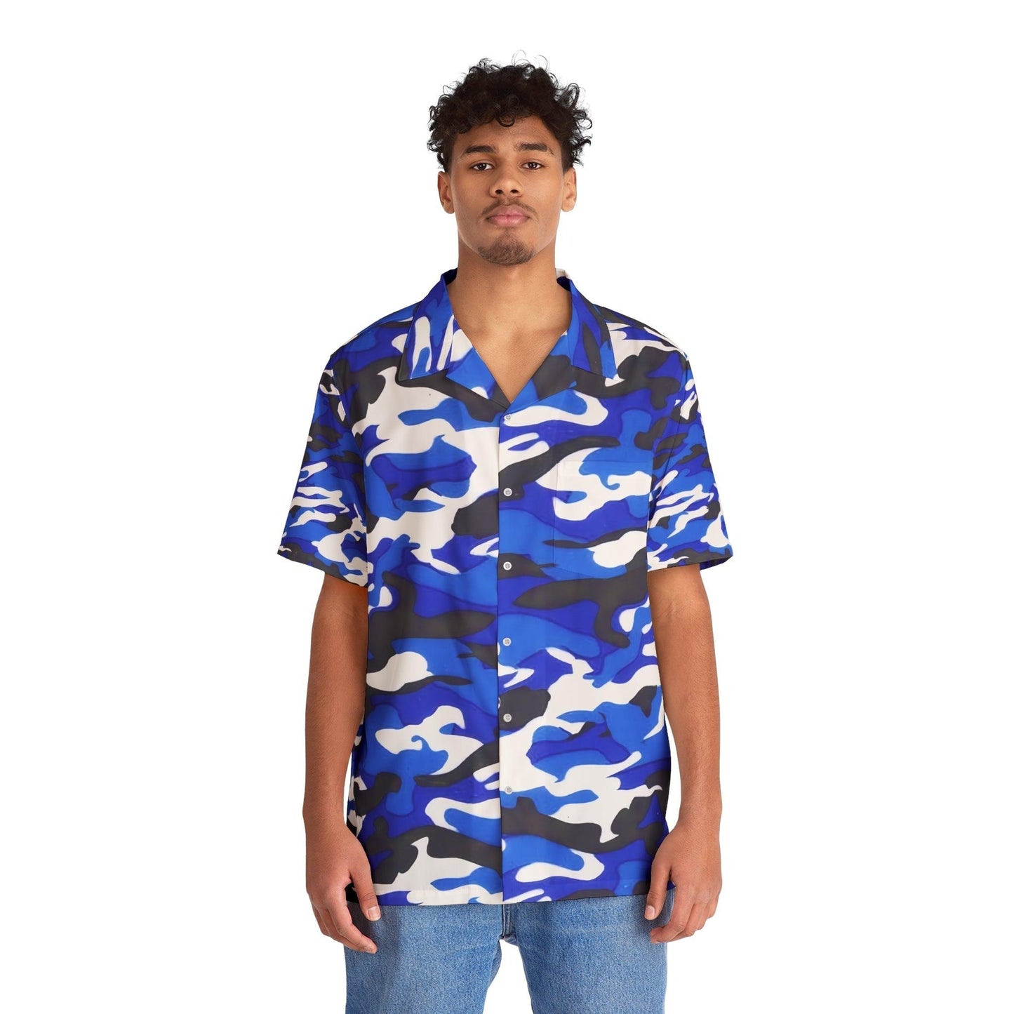 Blue Black White Camo Men's Hawaiian Shirt - Lizard Vigilante