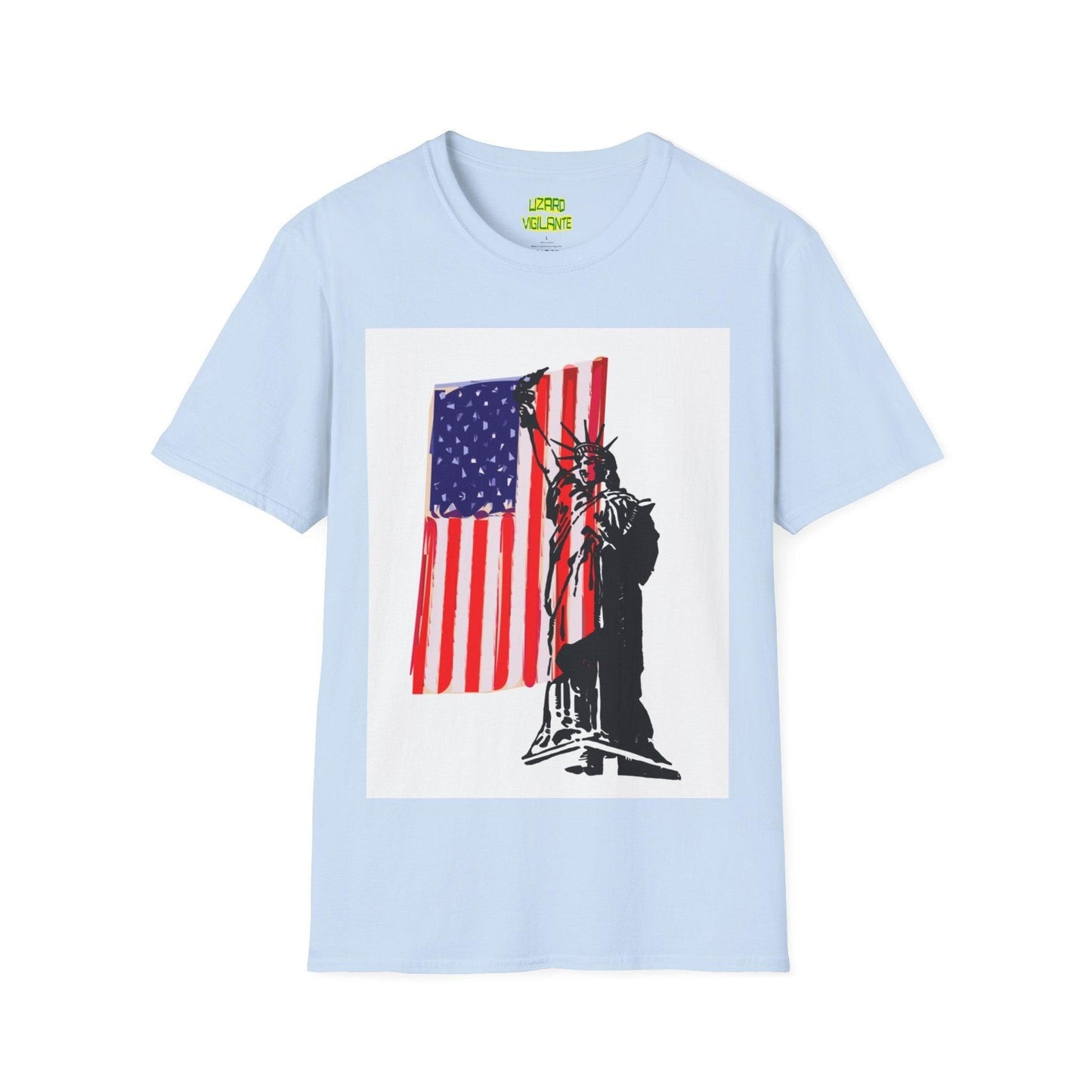 American Flag With Statue of Liberty Graphic Unisex Softstyle T-Shirt - Lizard Vigilante