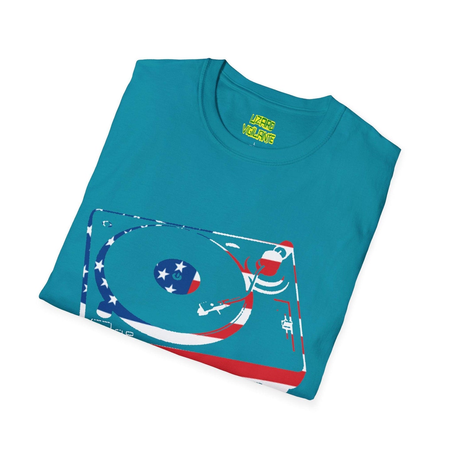 American Flag Turntable Unisex Softstyle DJ T-Shirt - Lizard Vigilante