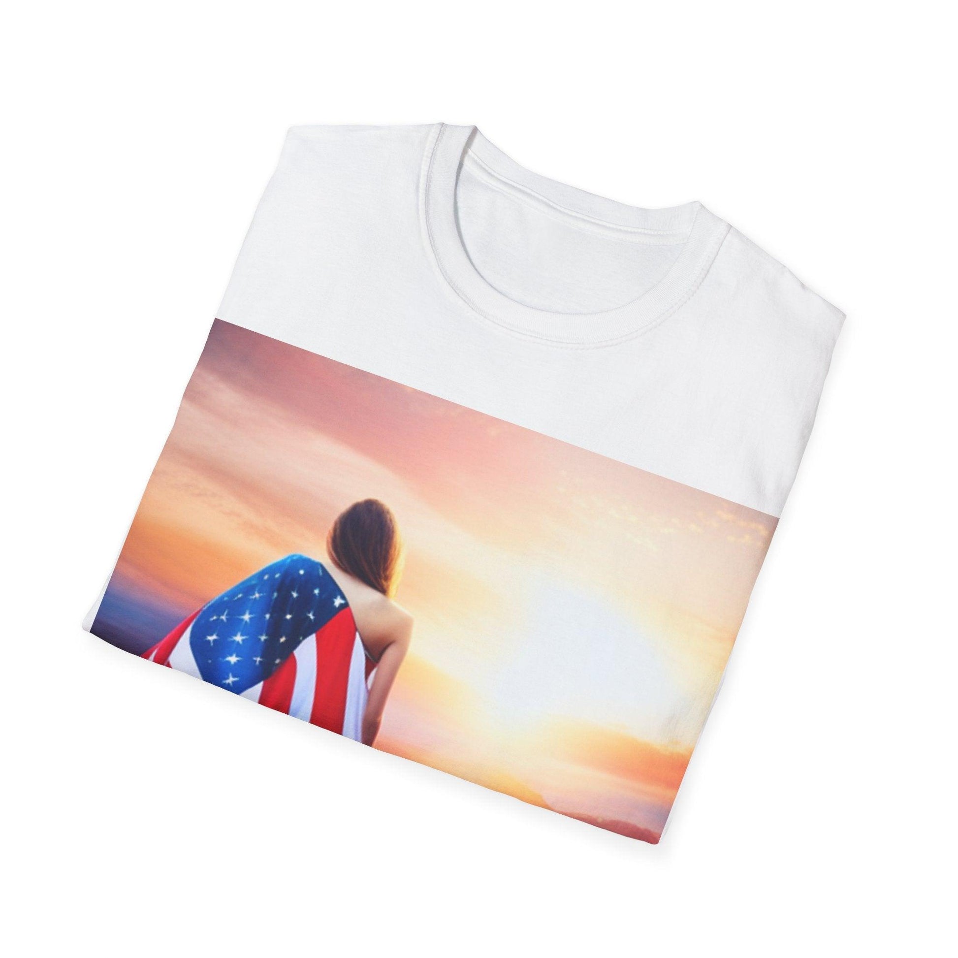 American Woman! Patriot Draped Red, White, and Blue Flag Over Shoulder Looking at Beautiful Horizon Unisex Softstyle T-Shirt - Lizard Vigilante