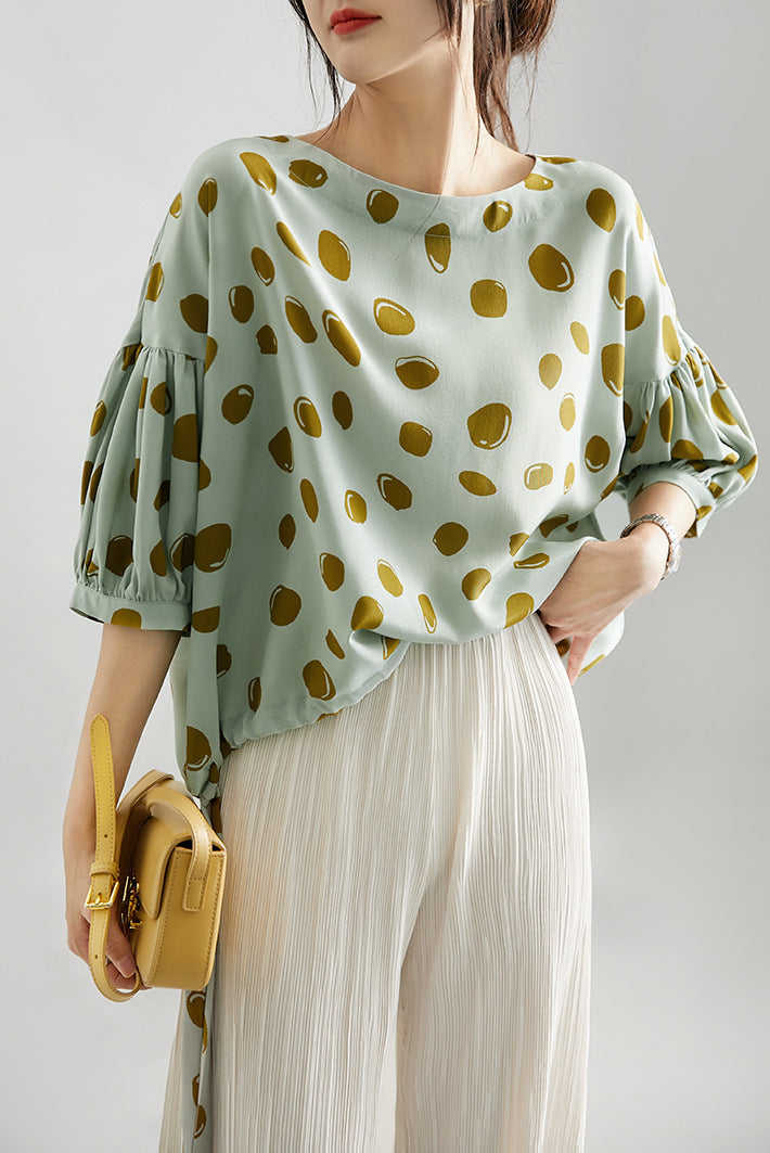 Elegant Retro Romantic Bubble Print Lantern Sleeve Shirt Top