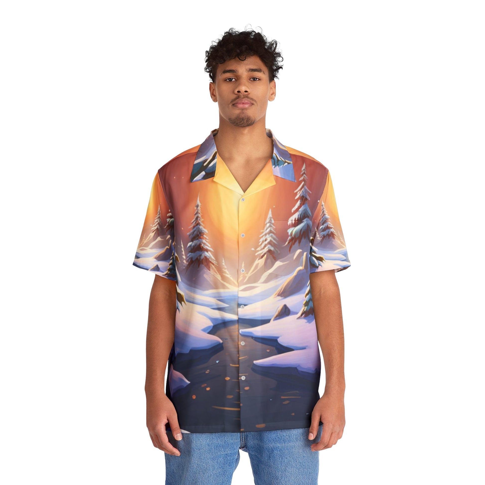 Gorgeous Men's Winter Scene Hawaiian Shirt (AOP) 5% Spandex 95% Polyester Chest Pocket - Lizard Vigilante