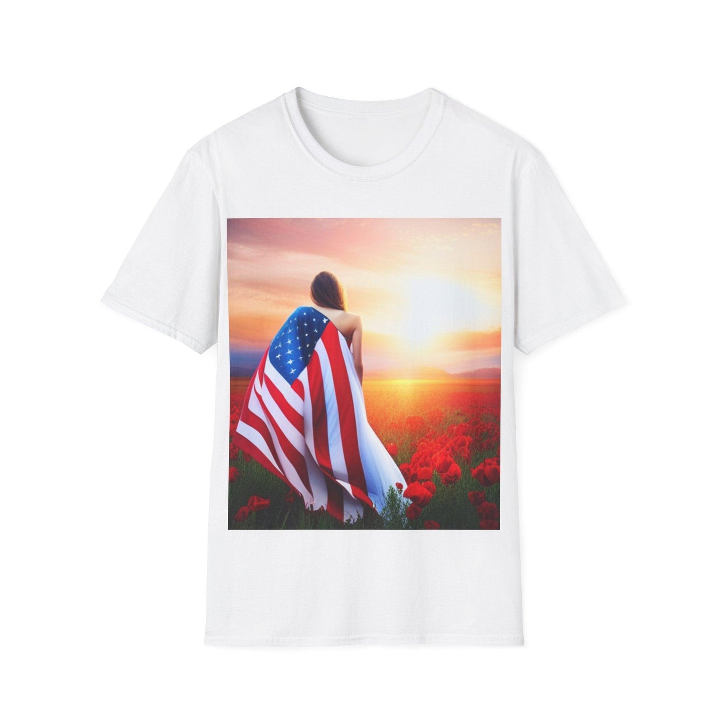 American Woman! Patriot Draped Red, White, and Blue Flag Over Shoulder Looking at Beautiful Horizon Unisex Softstyle T-Shirt - Lizard Vigilante