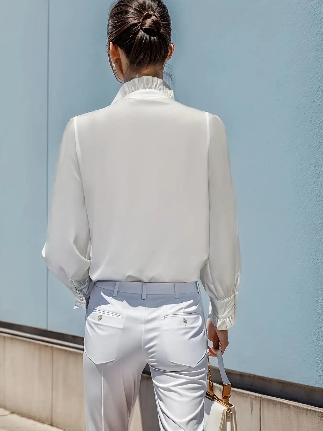 Fashionable Stand-up Collar Long-sleeved Shirt With Lotus Leaf Hem