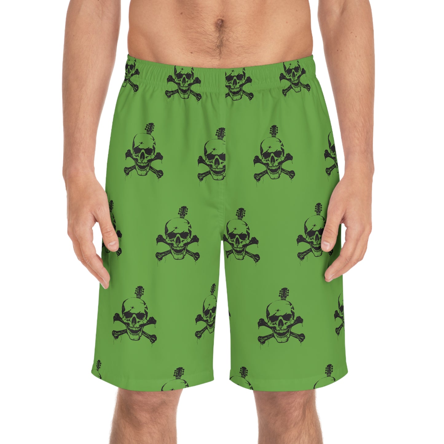 Guitar Skull Cross Bones Men's Board Shorts - Green - Lizard Vigilante