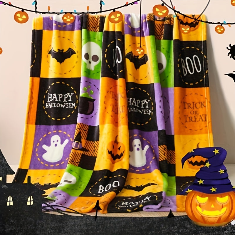 1pc Halloween Fleece Throw Blanket, Bat, Ghost Fall Plaid Blanket, Soft Fuzzy Plush For Couch Sofa Or Bed, Luxury Flannel Lap Blanket