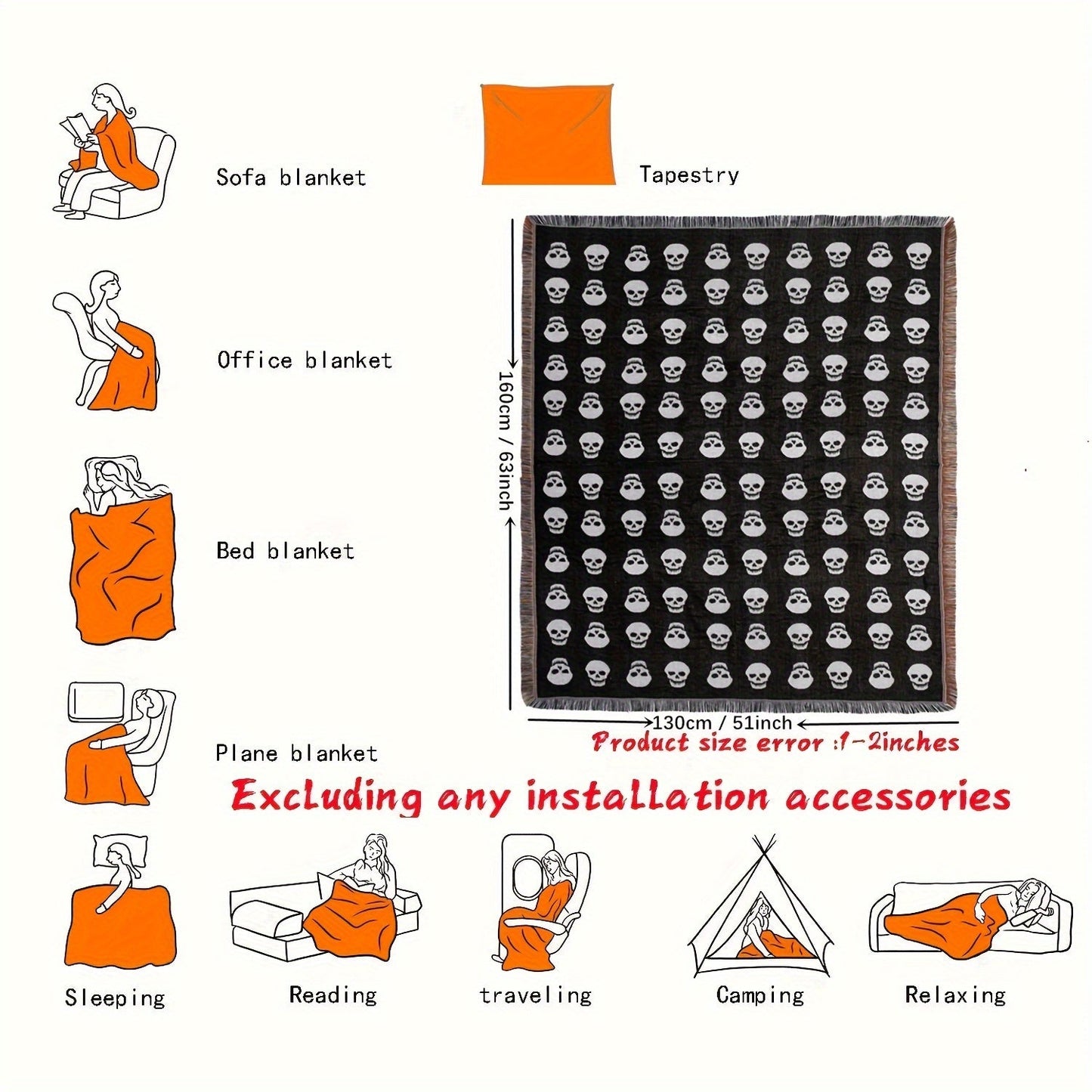 Bohemian Knitted Halloween White Skull Head Printed Tassel Blanket, Suitable For Camping, Casual Picnic