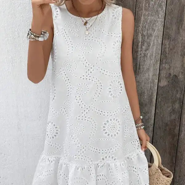 Ladies' Solid Color Vacation Style Hollow Flower Pattern Details Round Neck Off Shoulder Wide Shoulder Strap Mushroom Edge Hanging Pleat Elegant Style Dress