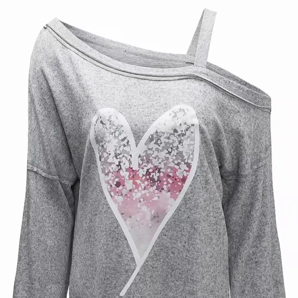 Ladies' Heart-shaped Cherry Blossom Graphic Print Asymmetric Dewdrop Shoulder Top Long Sleeved Shirt