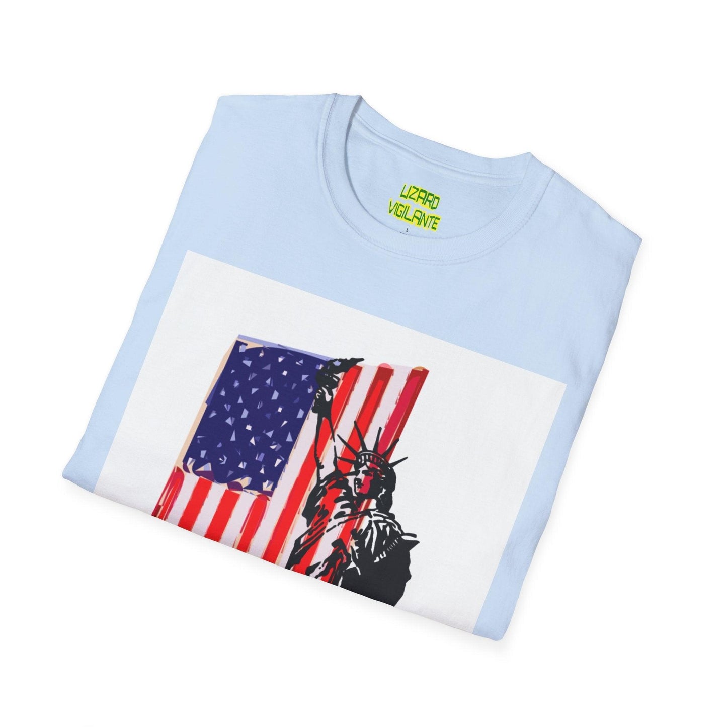 American Flag With Statue of Liberty Graphic Unisex Softstyle T-Shirt - Lizard Vigilante